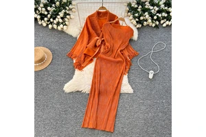 LW1121 Ladies 2 Pcs Set Fashion Lace-Up Fringe Trumpet Sleeve Lapel Hot Drill Press Pleat Top + Sleeveless Dress Two-Piece Suit