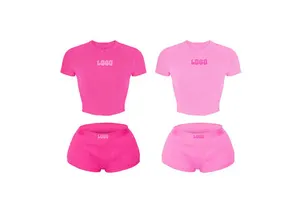 Women's Custom Embroidered Logo Modal Workout Loungewear Two-Piece Summer Sweatshirt Short Set Solid Pattern Above Knee Length
