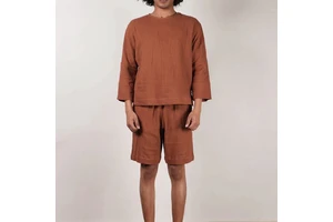 Men Breathable Knitted Solid Color 100% Cotton Shirt and Shorts Set for Formal Summer Wear