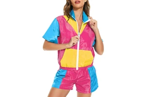 Women Color Blocking Tracksuit Set Short Sleeve Zipper Crop Top With Shorts Y2K Style Summer Casual Wear Lightweight Polyester
