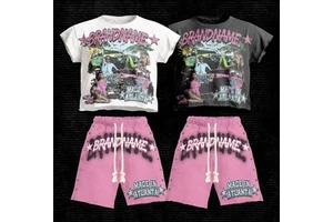 Heavyweight Cotton Graphic Set Men Short Sleeve Baby Tee And Studded Drawstring Shorts 2 Piece Set Retro Hip Hop Tracksuit