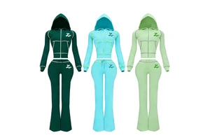 Custom Waffle Knit Set Women Long Sleeves Tracksuit Sets Zipper Hoodie Jacket And Wide Leg Flared Pants Two Piece Lounge Sets