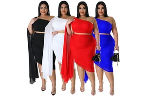 N7810 European and American fashion women's new high-elasticity asymmetrical collar long train sleeve ruched two-piece set