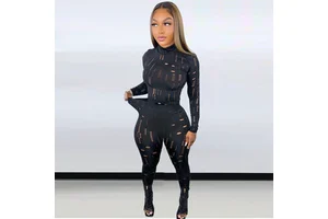 Wholesale 2/Two Piece Set Women Hollow Out Long Sleeve Turtleneck Top and Sheath Stretchy Waist Pants Outfits