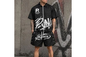 OEM Custom High Quality Men's Streetwear Casual Short Sleeve Oversized Zip up DTG Print Rhinestone T-shirts and Shorts Set