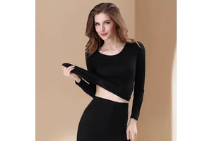Ultra Soft Neck Modal/Spandex 2-Piece Thermal Underwear Set For Women Long Johns Top Fleece Lining Long Sleeve Sexy Slim