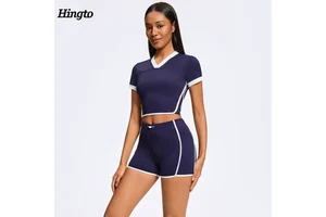 Women Gym Activewear Set V Neck Tennis Outfit Set Short Sleeve Hyrox Sports T Shirt & Color Block Tight Shorts Nylon Spandex