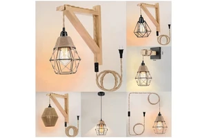 Insertable Wooden Wall Lamp, American Country Style, Hemp Rope Industrial , Cross-Border E-Commerce with Iron Light Source