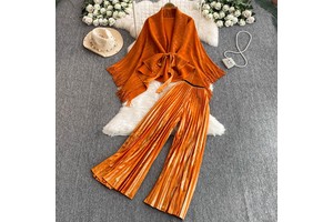 Fashion Suit Hot Stamping Tassel Long Sleeved Cape and Waist Cinching Jacket+high Waist Slimming Wide Leg Pants Two-piece Set