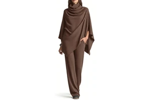 Women's Turtleneck Cape & Flared Pants 2 Piece Set - Asymmetrical Draped Womens Sets Sehe Fashion