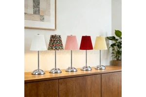Customizable Modern Mirror Silver Body Fabric Shade Portable Rechargeable Touch Stepless Dimming Eye Caring LED Table Lamp
