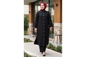 Black Women's Casual Two-Piece Set with Trimmed Sleeves All Seasons Breathable Imported Linen