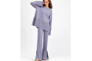 Autumn Winter 2 Piece Sets Woman Outfits Trumpet Sleeves Loose Knitted Pullover Slit Pants Set Casual Sweater Sets Women's Suit